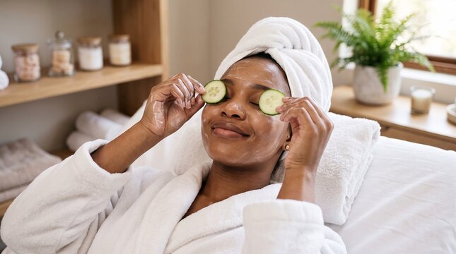 Young African woman with face mask relaxing at a spa with cucumber slices on her eyes