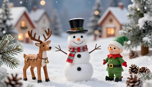 Charming Christmas scene with snowman, reindeer, and elf in snowy village