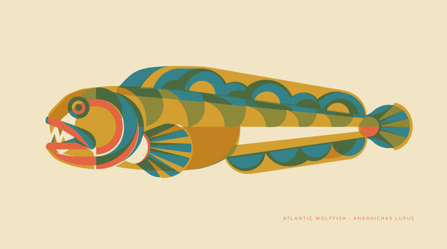 Atlantic wolffish digital illustration in retro geometric vector style