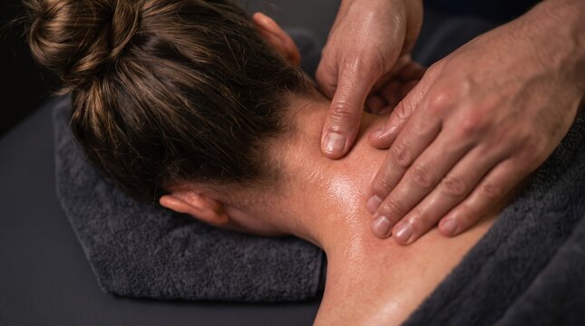 Professional therapist giving a rejuvenating neck and shoulder massage to a woman in a spa