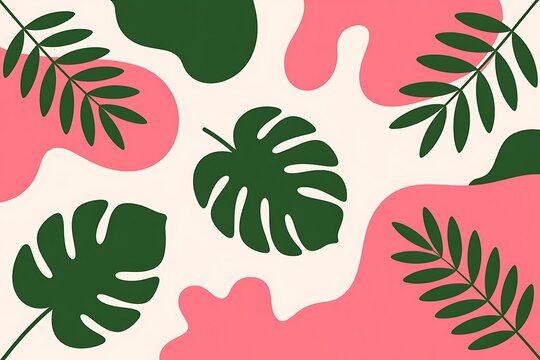 Tropical botanical pattern with monstera and palm leaves on abstract pink and cream organic shapes background