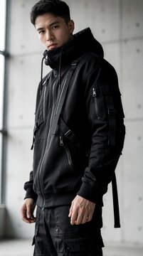 Young male model posing in black tactical hoodie with straps, zippers. Asian man wears modern techwear urban outfit standing indoors against grey wall. Street style clothing fashion look for urban