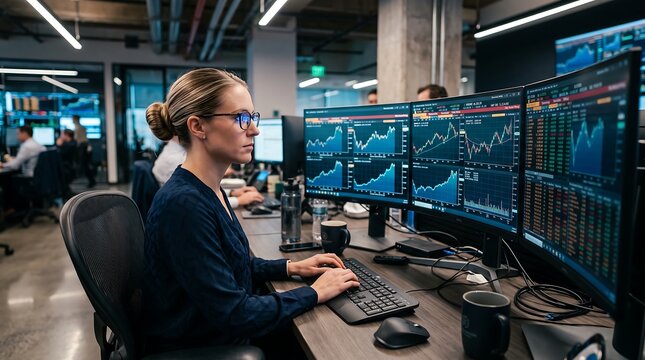 Skilled finance trader evaluating economic indicators on digital displays in busy office.