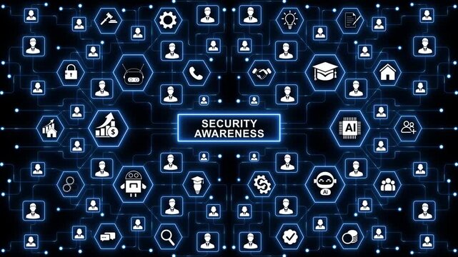 Security awareness training concept with risk education and cyber safety workflow for employee protection and organizational defense strategies 4k animation video on transparent.