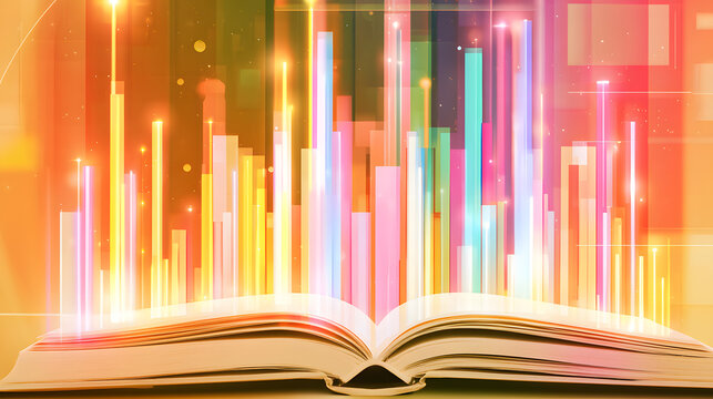 Open-book gadgets with vibrant bar graphs rising from their pages, set against a lively, abstract background, for data visualization and educational concepts, analytics