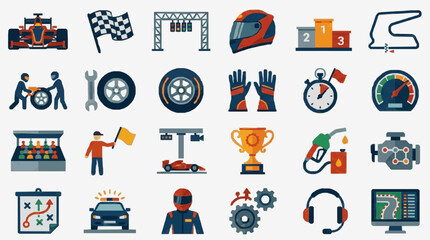 Fototapeta premium Corporate Set of Flat Racing Icons Featuring Formula Cars Mechanics Pits and Motorsport Elements