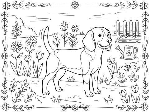 Cute puppy dog sitting in garden coloring page outline vector illustration graphic line art