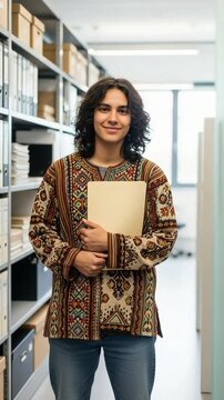 Young adult mixed race male archivist holding file folder in office archive room