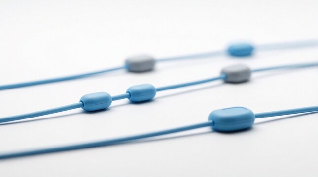 Four blue wires with attached grey, light blue plastic connectors arranged diagonally on white background. Items show simple clean abstract design for technology data flow concepts. Modern