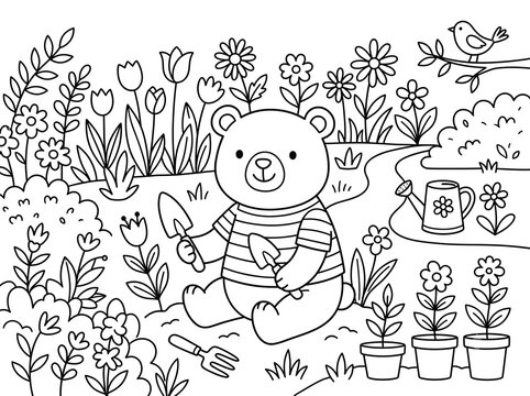 Cute little bear sitting in a flower garden coloring page outline vector illustration