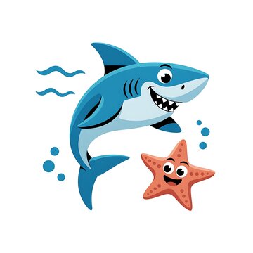 Cute cartoon shark and happy starfish swimming underwater with bubbles isolated on a white background vector illustration