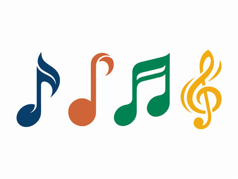 Set of four colorful musical notes representing different musical symbols and melodies on a plain white background