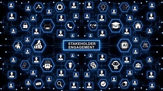Connecting stakeholders through digital engagement networks, collaboration focused animation with glowing data links and shared communication systems 4k motion video.