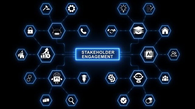 Connecting stakeholders through digital engagement networks, collaboration focused animation with glowing data links and shared communication systems 4k motion video.