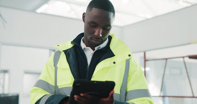 Man, architect and inspection with tablet for construction plan, design or building safety. Male person, civil engineer or security with technology or app for architecture maintenance or development