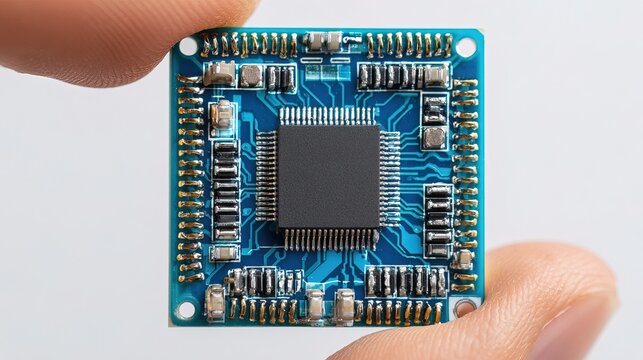 Close-up of Blue Microchip Circuit Board with Electronic Components.