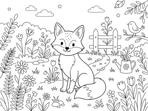 Cute fox in garden coloring page line art outline illustration for kids with coloring