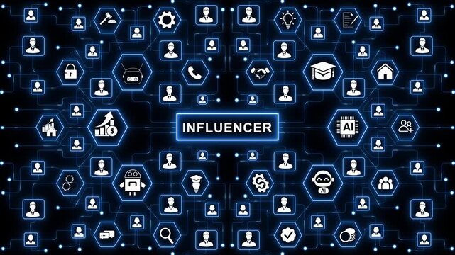 Influencer impact concept illustrating digital reach, audience engagement and influence signals across a connected media and technology environment. 4k motion video.