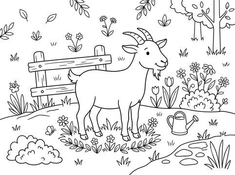 Cute goat in garden coloring page outline illustration for kids activity with coloring