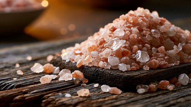 Coarse Mineral Salt Pile with Pink Crystals on Dark Rustic Surface