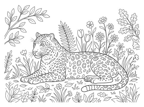 Spotted jaguar standing in a tropical jungle garden coloring page line art vector