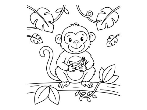 Cute monkey holding a peeled banana coloring page line art illustration with coloring