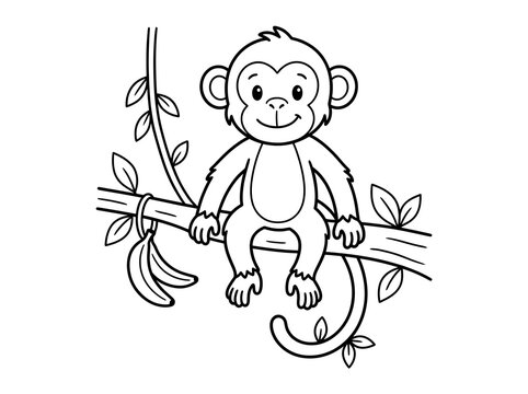 Cute monkey holding a peeled banana coloring page line art illustration with coloring