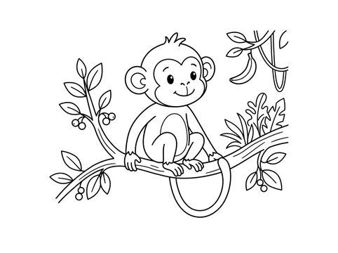 Cute monkey holding a peeled banana coloring page line art illustration with coloring
