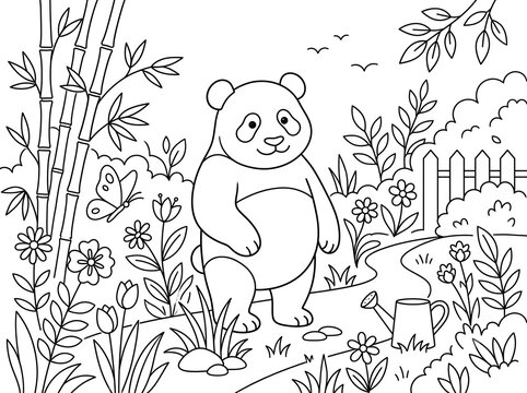 Friendly panda bear standing in a bamboo garden coloring page line art illustration