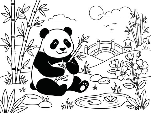 Friendly panda bear standing in a bamboo garden coloring page line art illustration