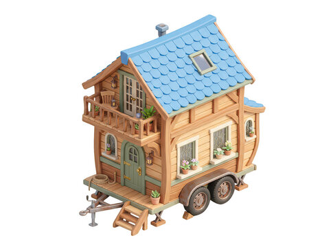 Tiny house on wheels with blue roof. Portable wooden cabin for sustainable living.