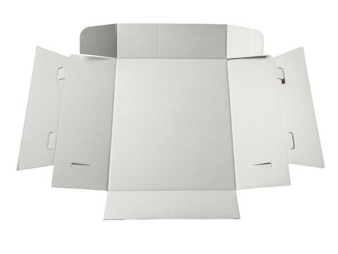 Unfolded flat white cardboard box template isolated on a clean transparent background for packaging design