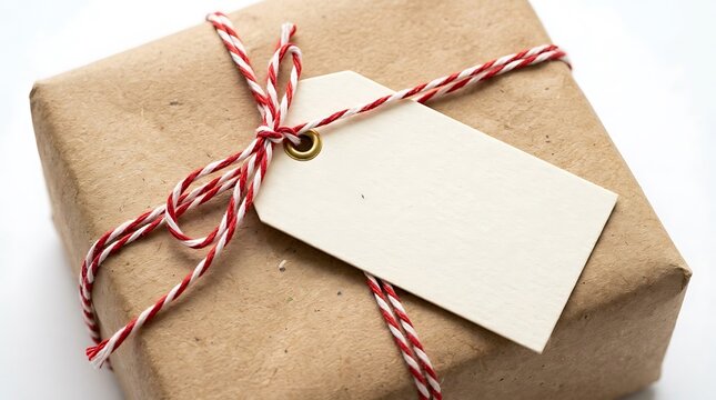 Brown paper gift wrap package with red and white twine and blank tag
