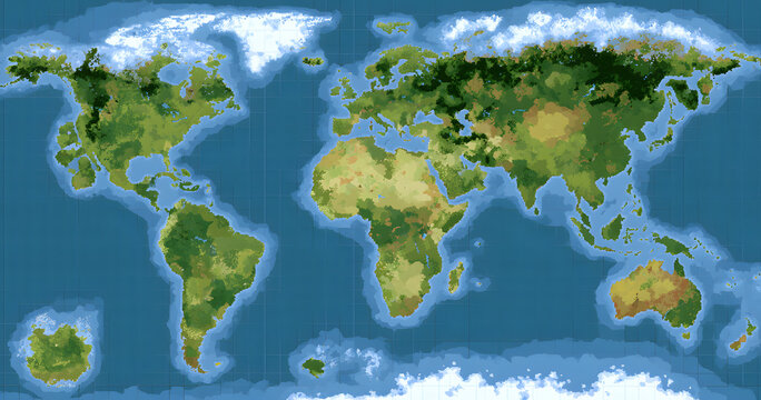 A world map rendered in pixel art, with 168 squares horizontally and 89 squares vertically