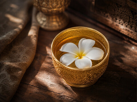 Beautiful plumeria flower in traditional golden bowl.
