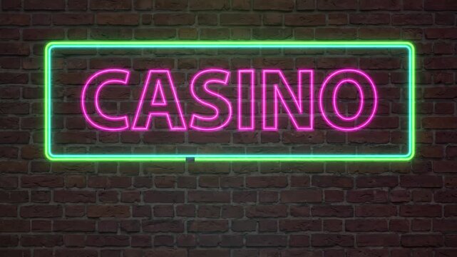 Flickering Pink and Green Neon Casino Sign on Dark Brick Wall