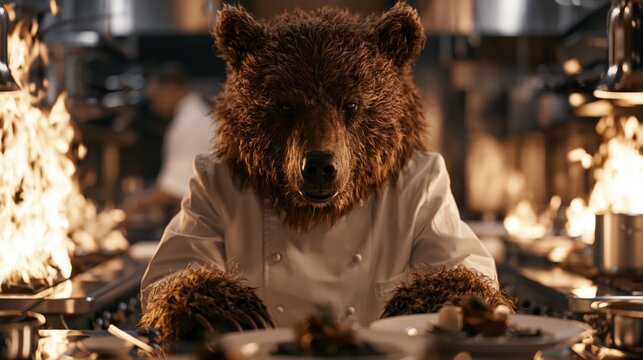Bear Chef Working In Professional Kitchen Setting