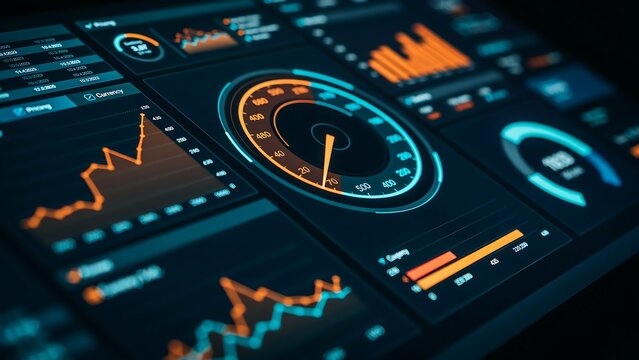 Modern digital dashboard displaying financial analytics with speedometer and performance graphs on futuristic screen interface