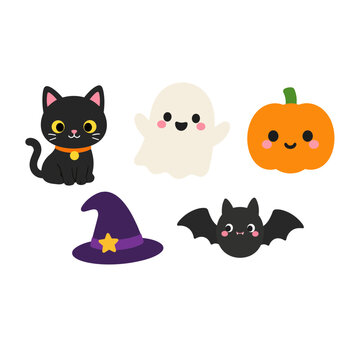 Cute Halloween Icons Black Cat, Ghost, Pumpkin, Witch Hat, Bat