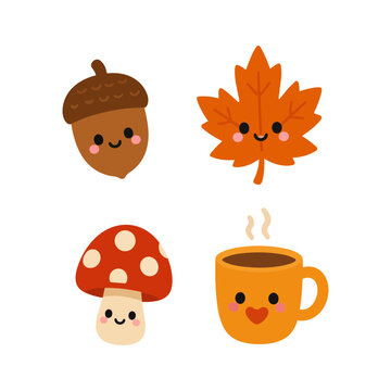 Cute Autumn Icons Acorn, Maple Leaf, Mushroom, and Hot Drink on White Background