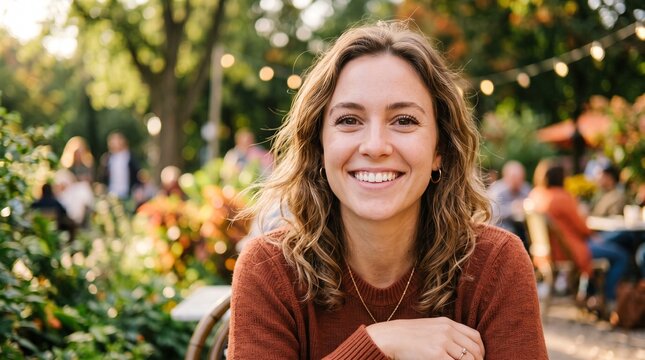 Portrait of happy young woman smiling at outdoor cafe during autumn