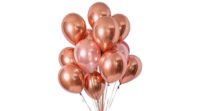 Bundle of metallic rose gold balloons floating together for elegant birthday party decoration isolated on transparent background cut out