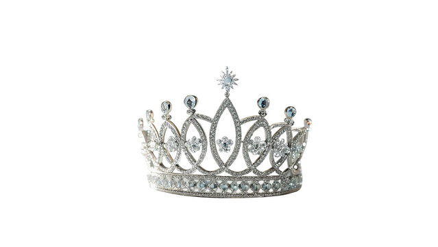 Luxury silver tiara crown sparkling with precious diamonds for royal princess wedding accessory isolated on transparent background cut out