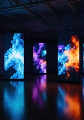 Naklejka premium Modern Digital Art Installation with Vibrant Abstract Smoke Patterns on Large Vertical LED Screens in a Dark Gallery