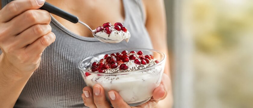 Woman enjoying a healthy breakfast of yogurt with fresh berries in a glass bowl.