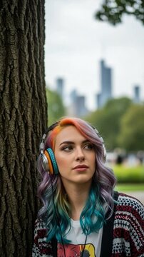 Young woman with colorful hair and headphones leaning on tree in park listening to music representing urban lifestyle