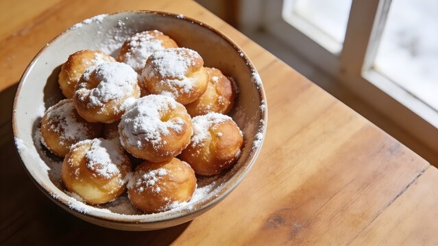 Overhead view of traditional Croatian fritule festive mini donuts