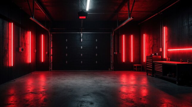 Empty garage interior with dark walls, concrete floor. Vertical red neon lights illuminate room creating mysterious futuristic vibe. Sleek modern space features workshop tools, metal storage