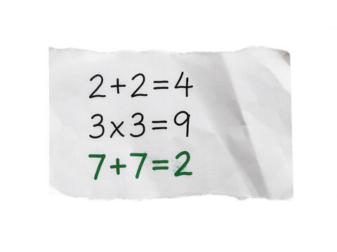 Scrap of white paper with simple math equations written in black and green isolated on a transparent background