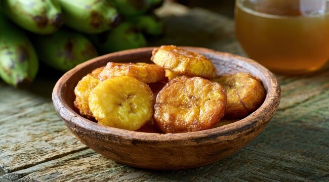 Fried plantain chips in a rustic wooden bowl on a weathered table